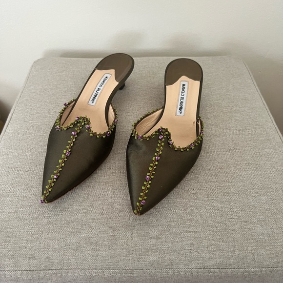 Manolo Blahnik Olive Green Mules with Purple Accents - Picture 2 of 3
